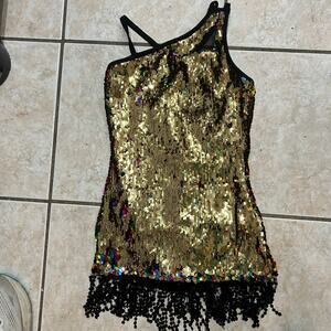 Dance HQ Gold Sequin One Shoulder Leotard w Fringe Skirt Performance Costume